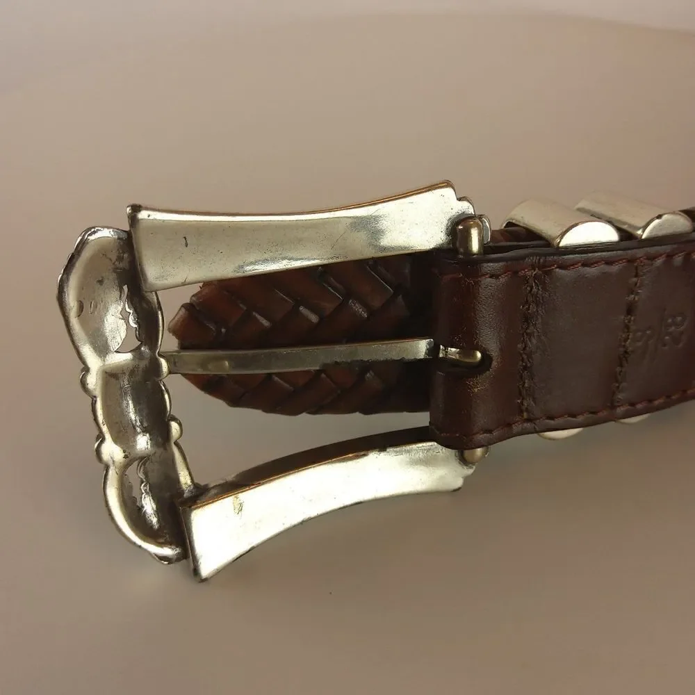 Brighton brown weaved leather belt with decorative silver buckle SZ. S/28